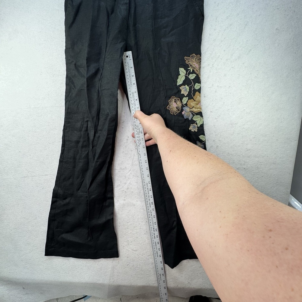 Anna Bui Gallery 100% Linen Embroidered Flare Pants Women's XL Boho Peasant - Picture 6 of 11